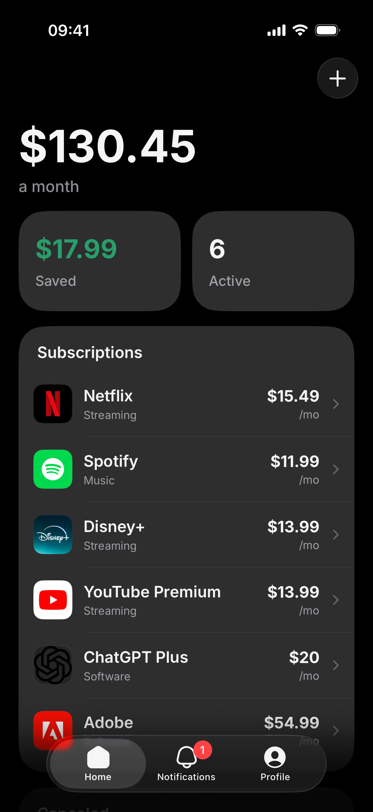 Unwanted Subscription Home in Dark Mode.