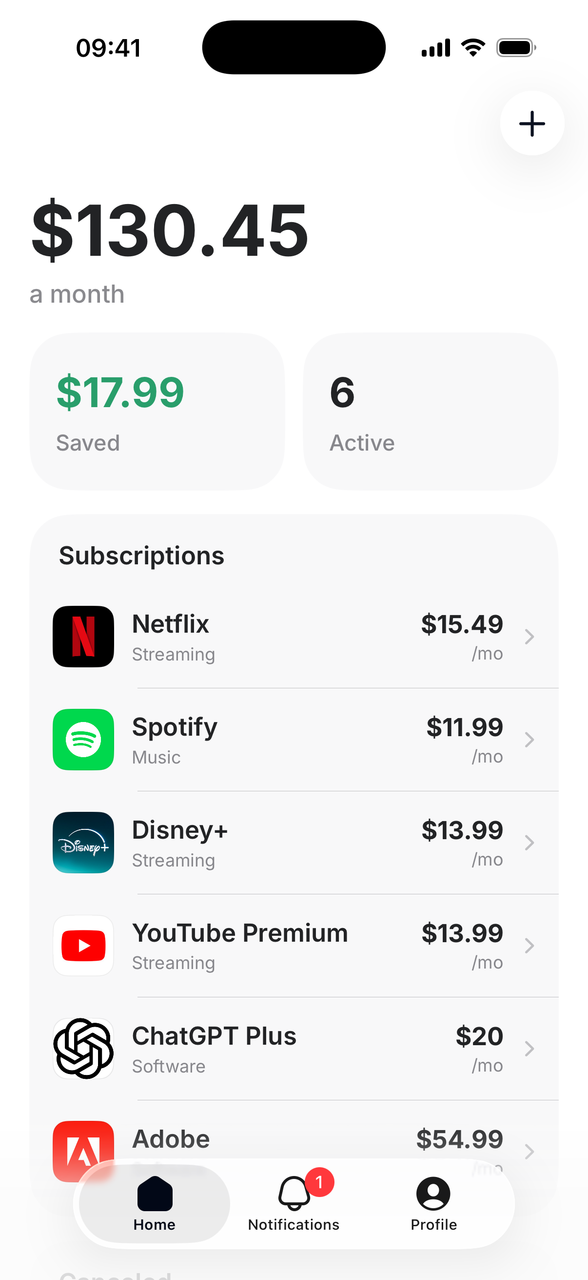 Unwanted Subscription Home on iPhone 17, with monthly spend and subscriptions.